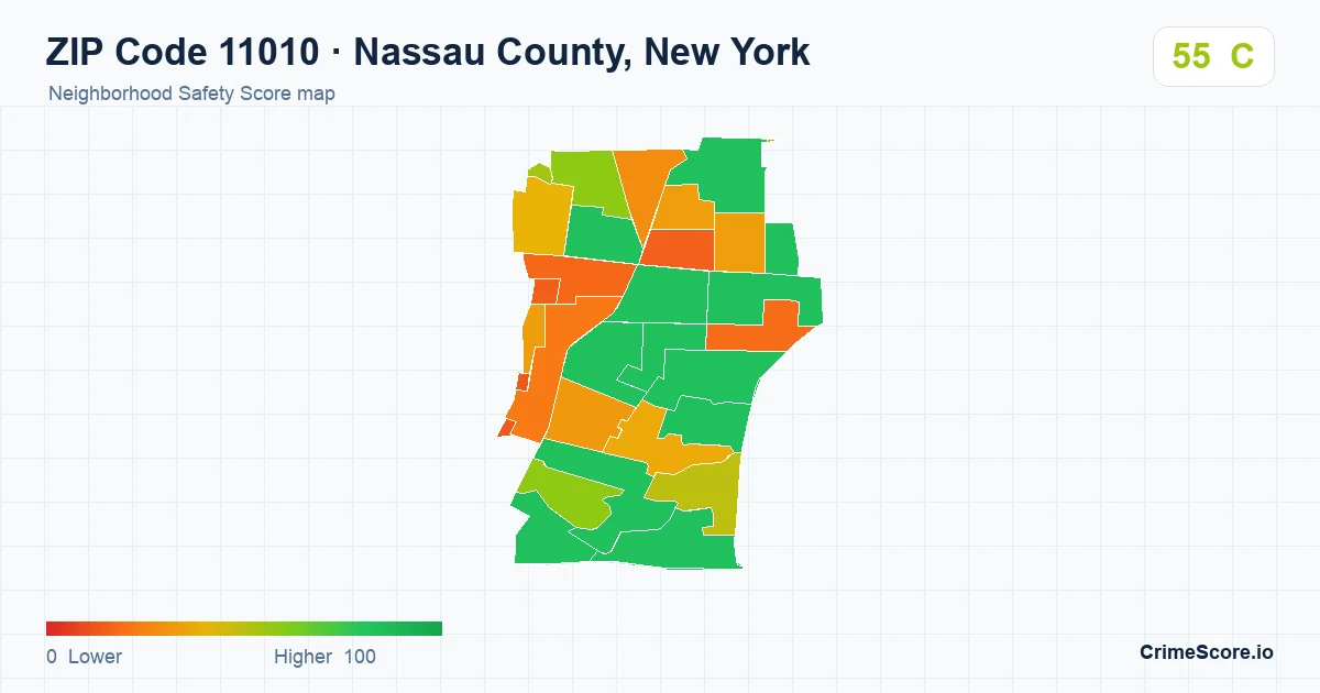 ZIP Code 11010 in Nassau County, New York neighborhood Safety Score map