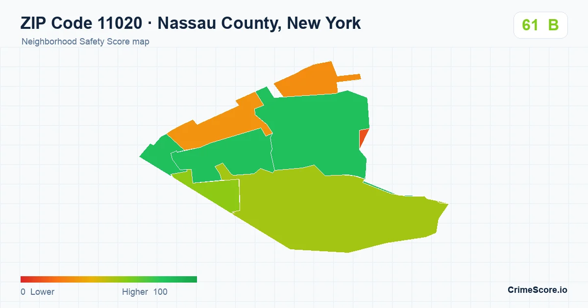 ZIP Code 11020 in Nassau County, New York neighborhood Safety Score map