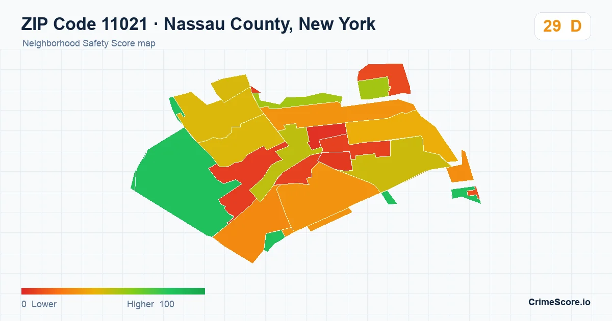 ZIP Code 11021 in Nassau County, New York neighborhood Safety Score map