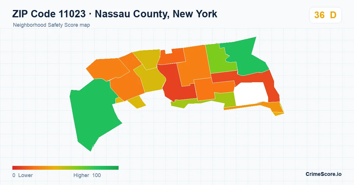 ZIP Code 11023 in Nassau County, New York neighborhood Safety Score map