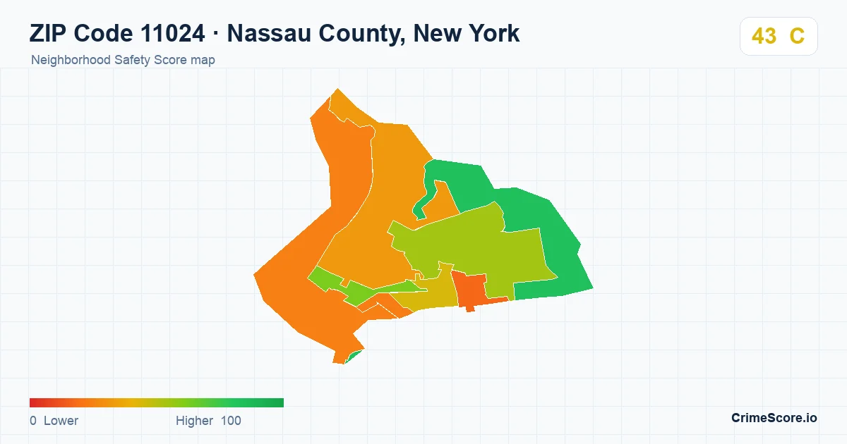 ZIP Code 11024 in Nassau County, New York neighborhood Safety Score map