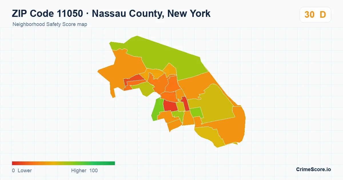 ZIP Code 11050 in Nassau County, New York neighborhood Safety Score map