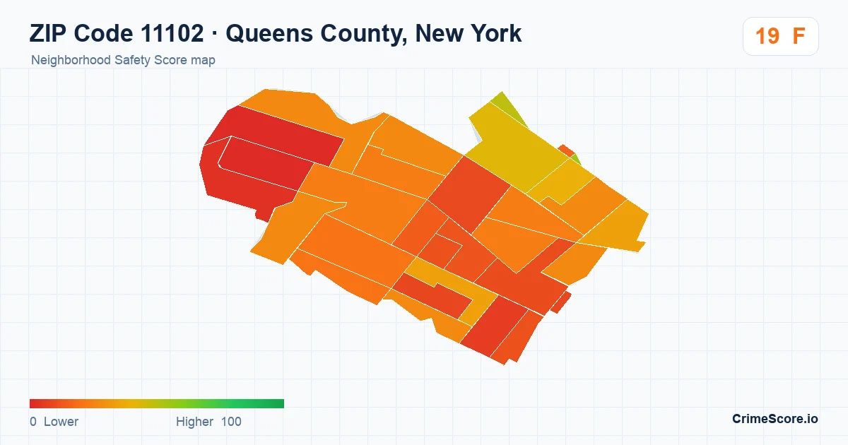 ZIP Code 11102 in Queens County, New York neighborhood Safety Score map