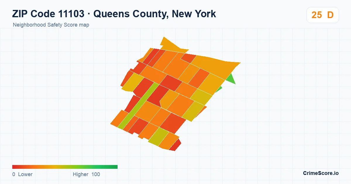 ZIP Code 11103 in Queens County, New York neighborhood Safety Score map