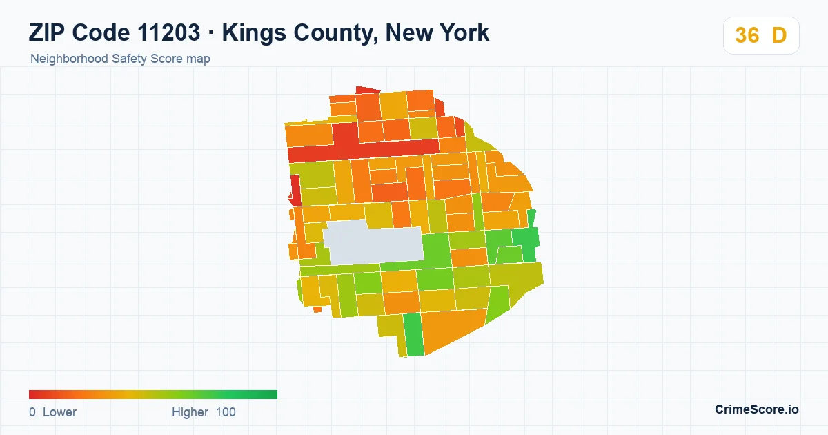 ZIP Code 11203 in Kings County, New York neighborhood Safety Score map
