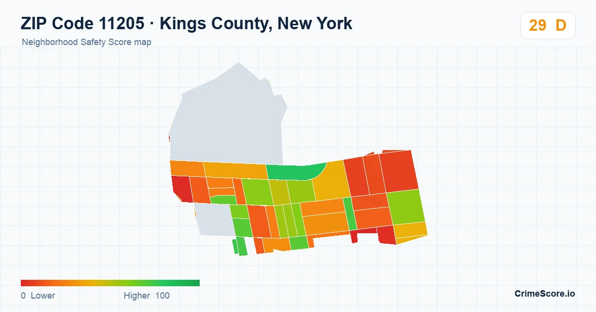 ZIP Code 11205 in Kings County, New York neighborhood Safety Score map