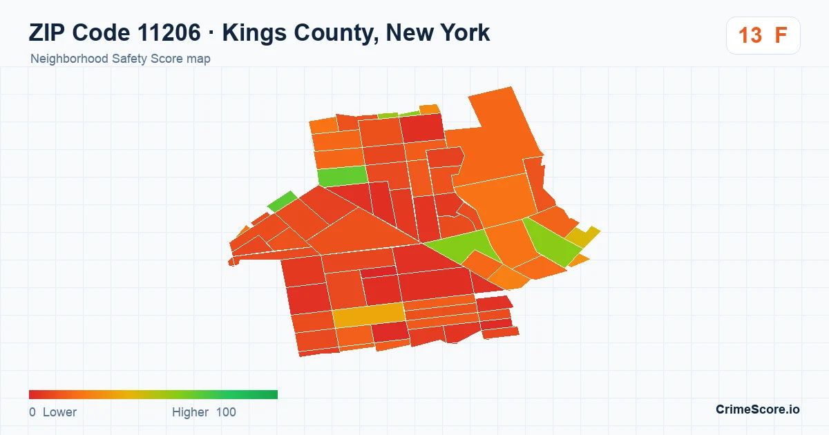 ZIP Code 11206 in Kings County, New York neighborhood Safety Score map