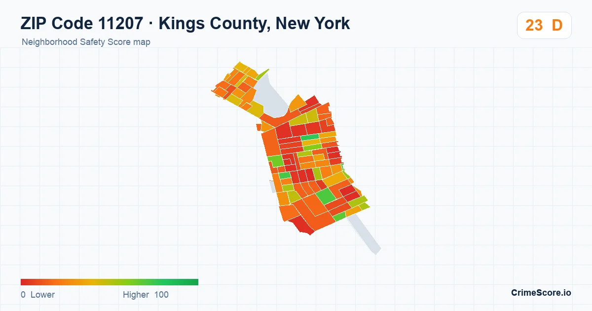 ZIP Code 11207 in Kings County, New York neighborhood Safety Score map