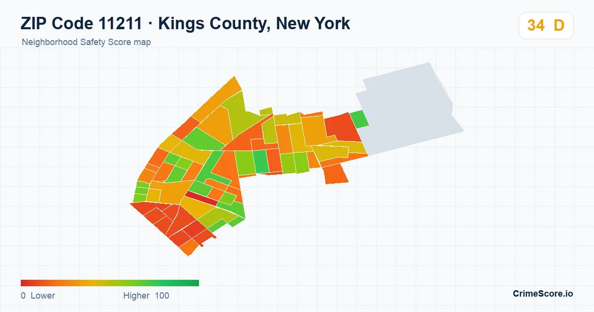 ZIP Code 11211 in Kings County, New York neighborhood Safety Score map