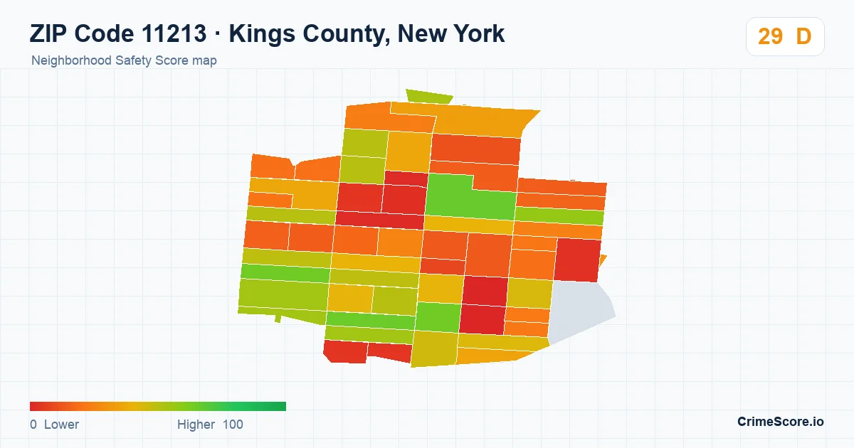 ZIP Code 11213 in Kings County, New York neighborhood Safety Score map