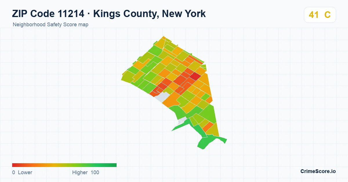 ZIP Code 11214 in Kings County, New York neighborhood Safety Score map