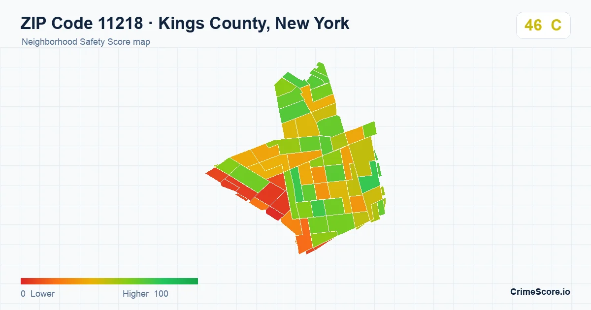 ZIP Code 11218 in Kings County, New York neighborhood Safety Score map