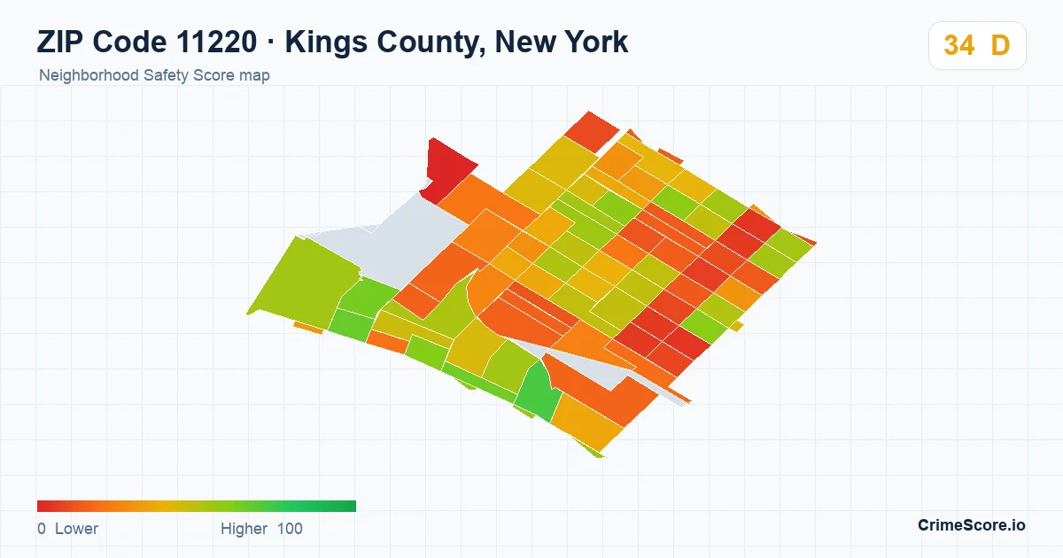 ZIP Code 11220 in Kings County, New York neighborhood Safety Score map