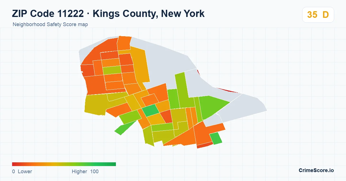 ZIP Code 11222 in Kings County, New York neighborhood Safety Score map