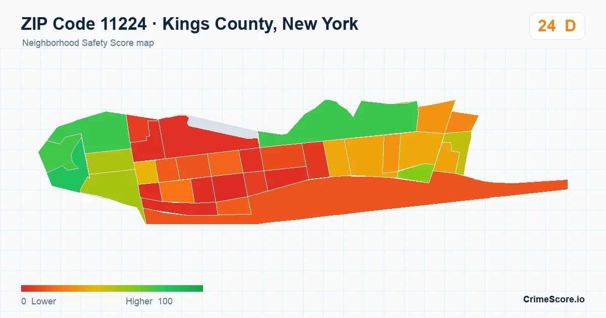 ZIP Code 11224 in Kings County, New York neighborhood Safety Score map