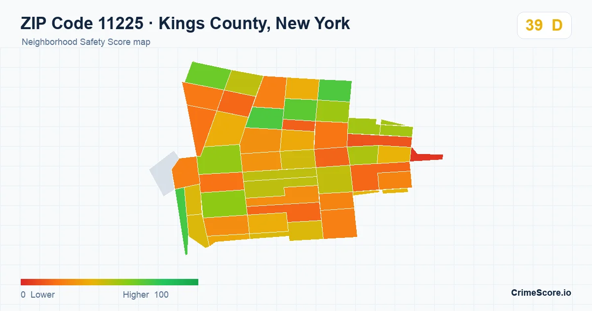ZIP Code 11225 in Kings County, New York neighborhood Safety Score map