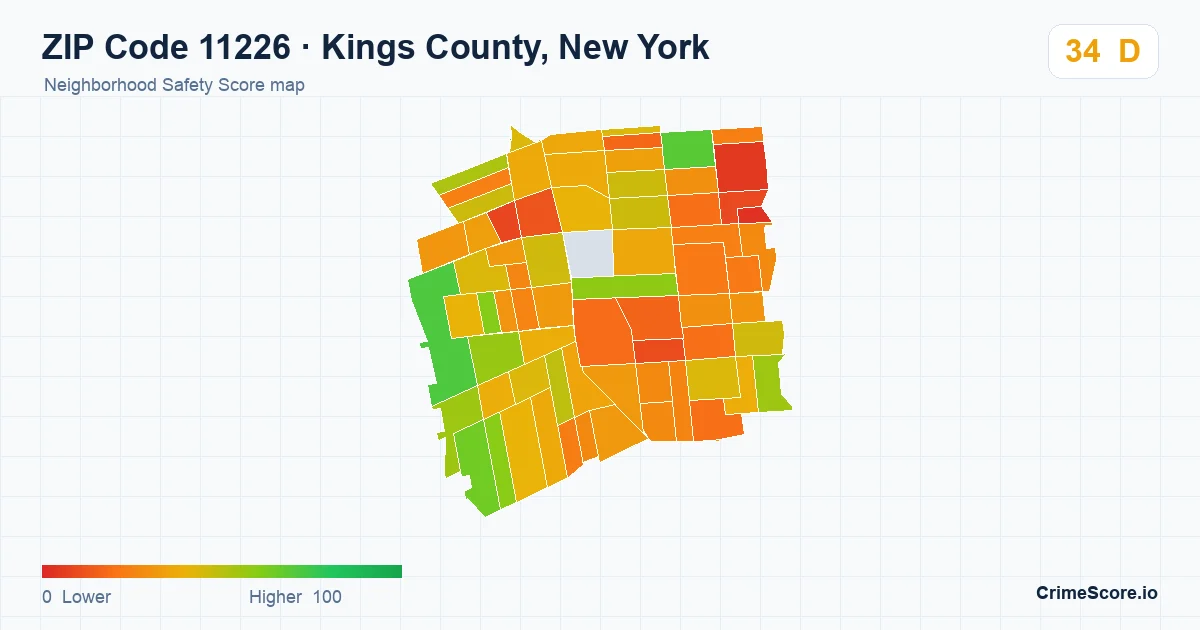ZIP Code 11226 in Kings County, New York neighborhood Safety Score map
