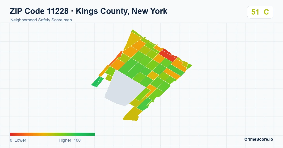 ZIP Code 11228 in Kings County, New York neighborhood Safety Score map