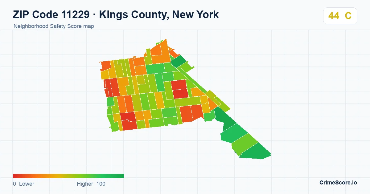 ZIP Code 11229 in Kings County, New York neighborhood Safety Score map