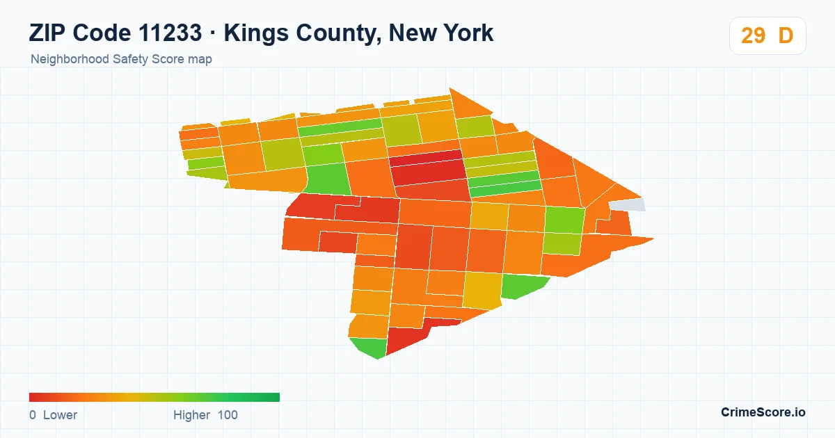 ZIP Code 11233 in Kings County, New York neighborhood Safety Score map