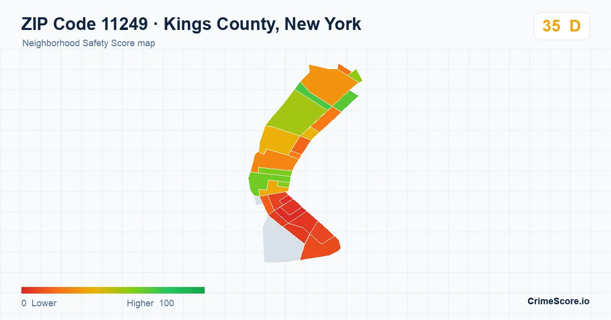 ZIP Code 11249 in Kings County, New York neighborhood Safety Score map