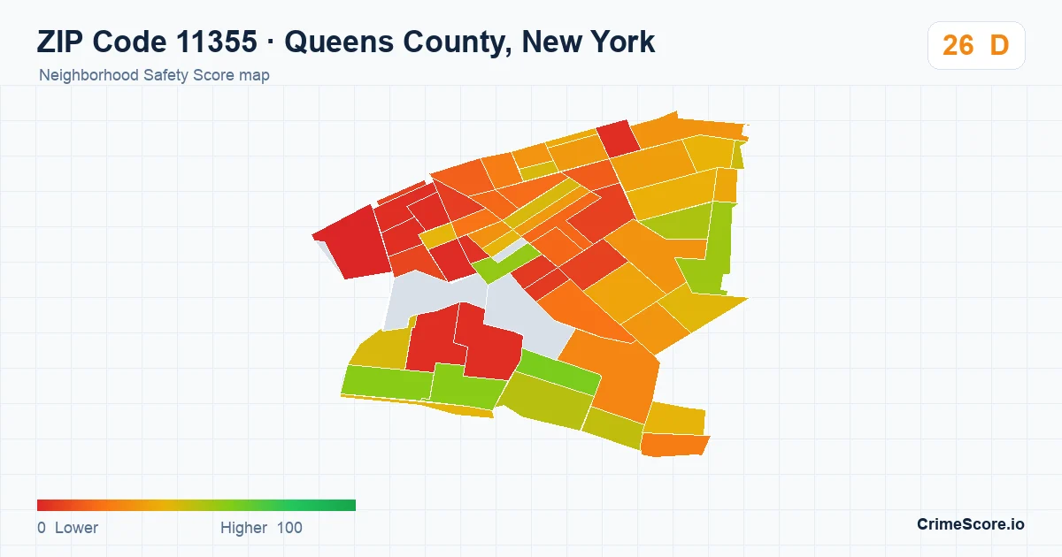 ZIP Code 11355 in Queens County, New York neighborhood Safety Score map