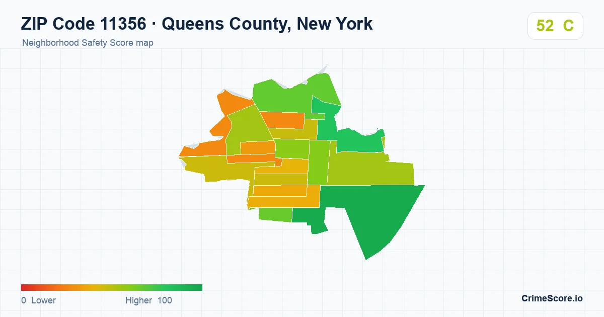 ZIP Code 11356 in Queens County, New York neighborhood Safety Score map