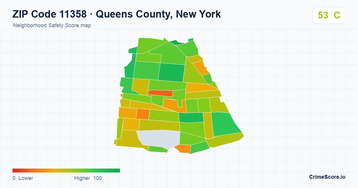 ZIP Code 11358 in Queens County, New York neighborhood Safety Score map