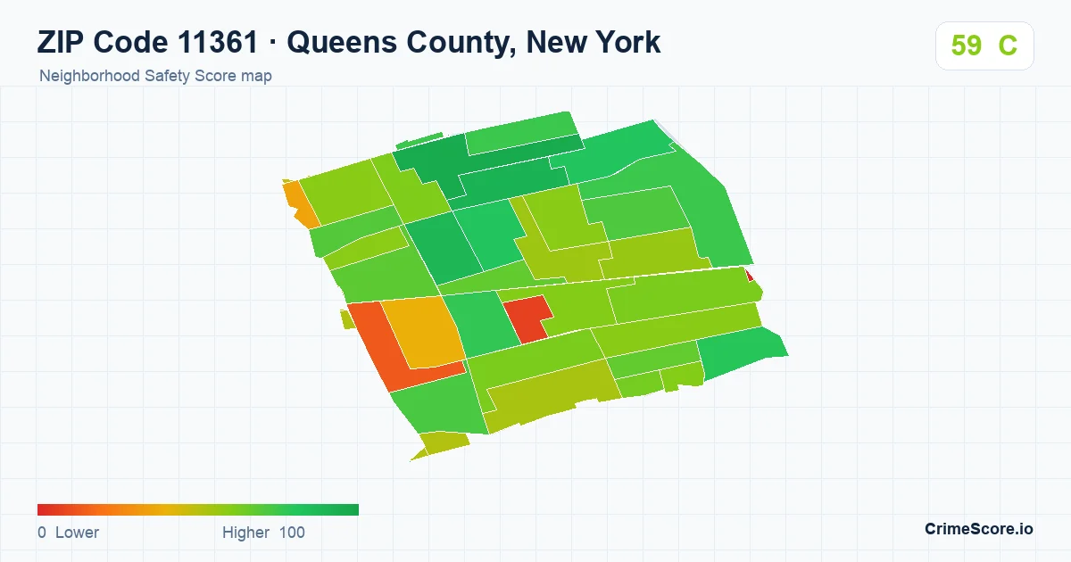 ZIP Code 11361 in Queens County, New York neighborhood Safety Score map
