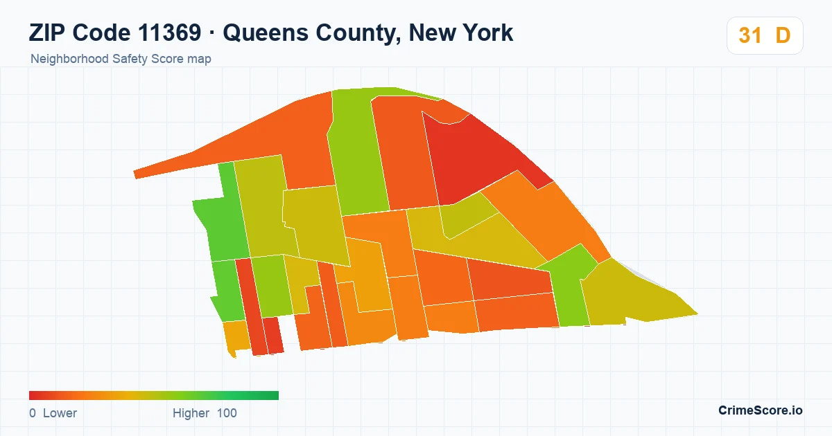 ZIP Code 11369 in Queens County, New York neighborhood Safety Score map