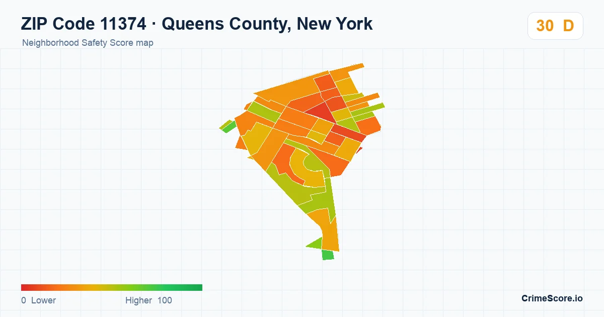 ZIP Code 11374 in Queens County, New York neighborhood Safety Score map