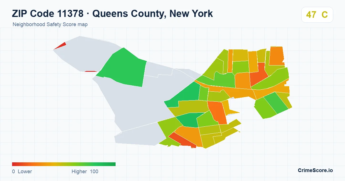 ZIP Code 11378 in Queens County, New York neighborhood Safety Score map