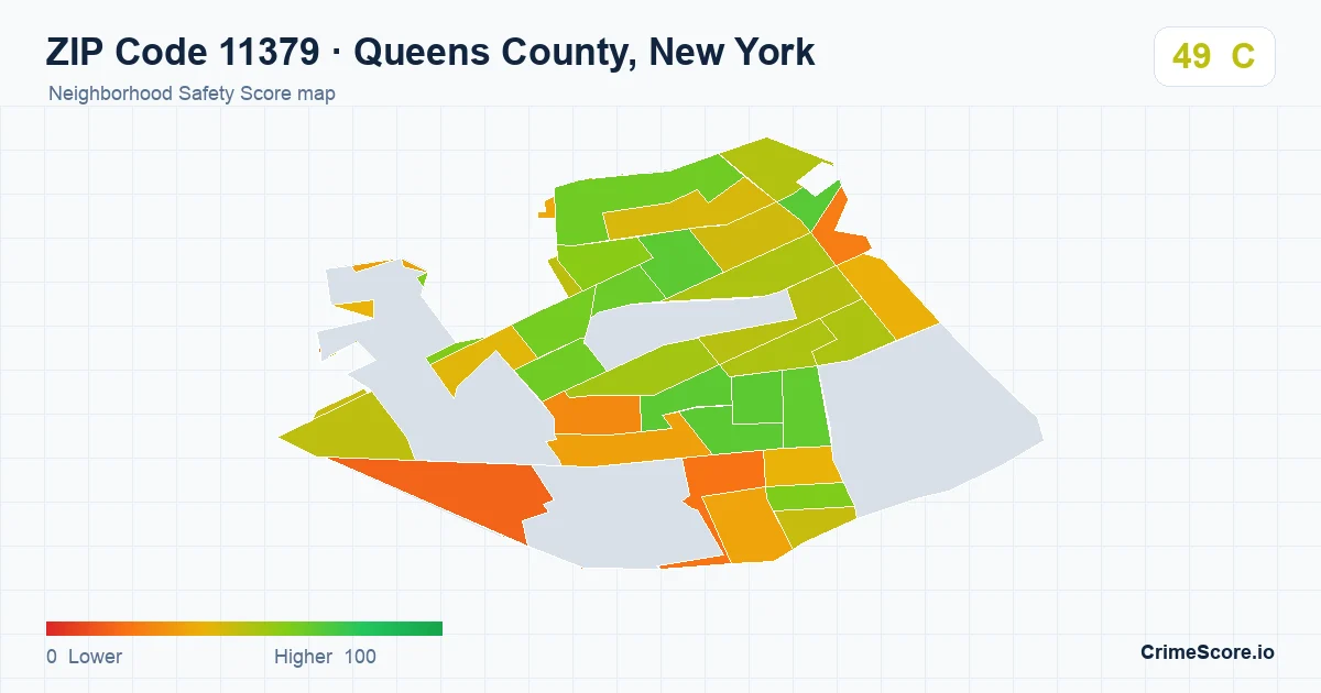 ZIP Code 11379 in Queens County, New York neighborhood Safety Score map