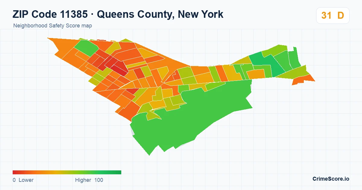ZIP Code 11385 in Queens County, New York neighborhood Safety Score map