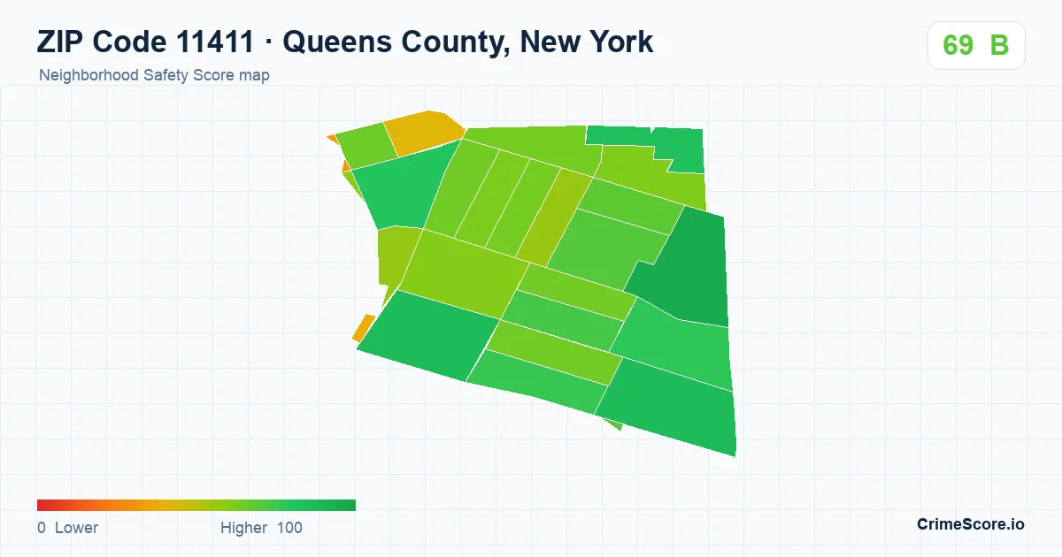 ZIP Code 11411 in Queens County, New York neighborhood Safety Score map
