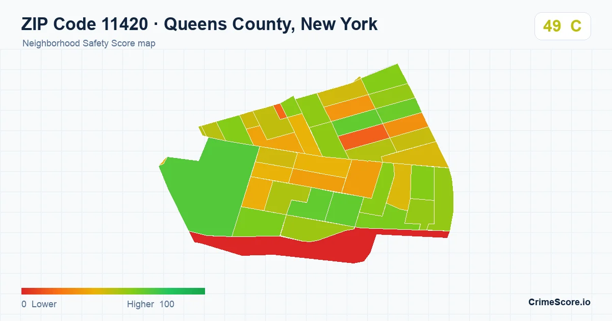 ZIP Code 11420 in Queens County, New York neighborhood Safety Score map