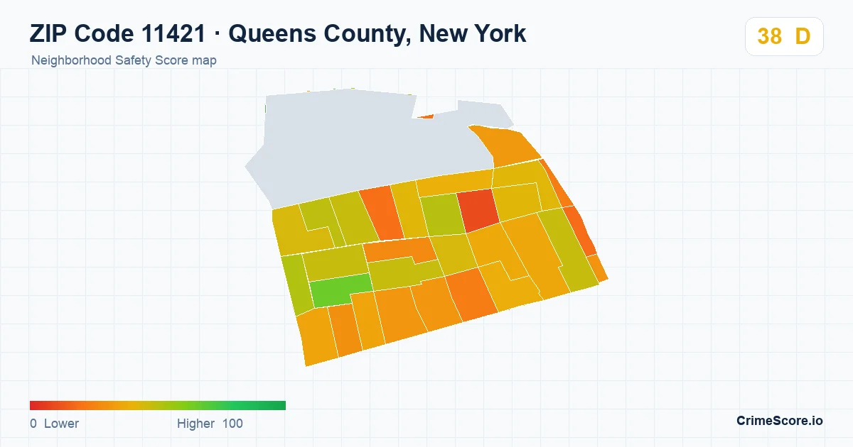 ZIP Code 11421 in Queens County, New York neighborhood Safety Score map