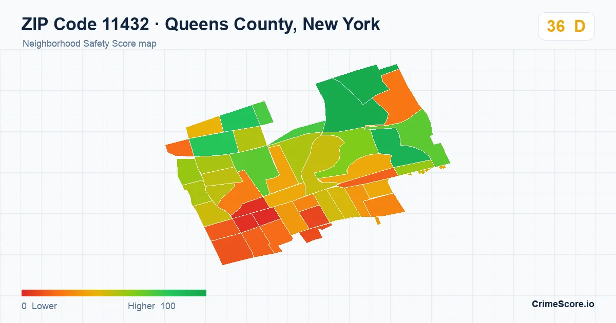ZIP Code 11432 in Queens County, New York neighborhood Safety Score map