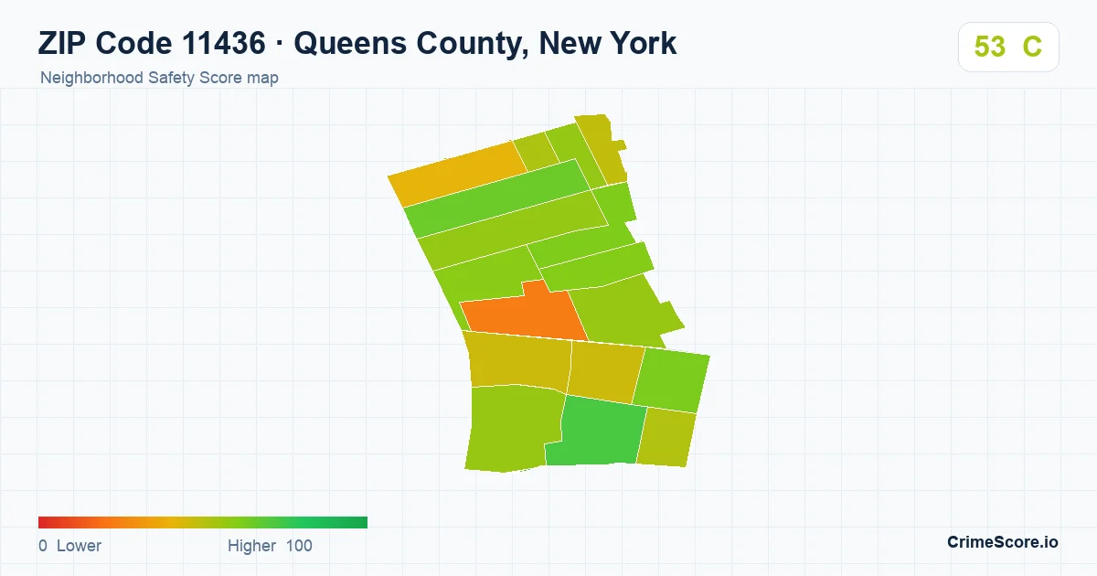 ZIP Code 11436 in Queens County, New York neighborhood Safety Score map