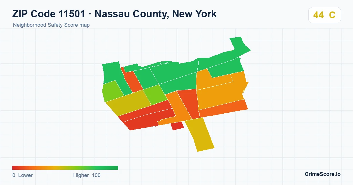 ZIP Code 11501 in Nassau County, New York neighborhood Safety Score map