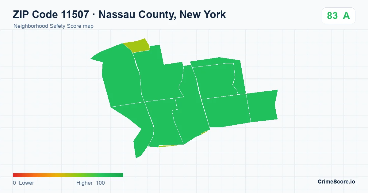 ZIP Code 11507 in Nassau County, New York neighborhood Safety Score map