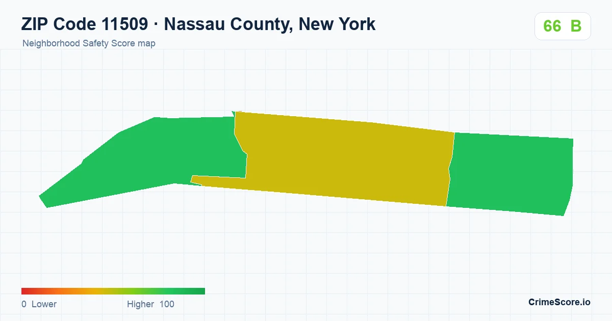 ZIP Code 11509 in Nassau County, New York neighborhood Safety Score map