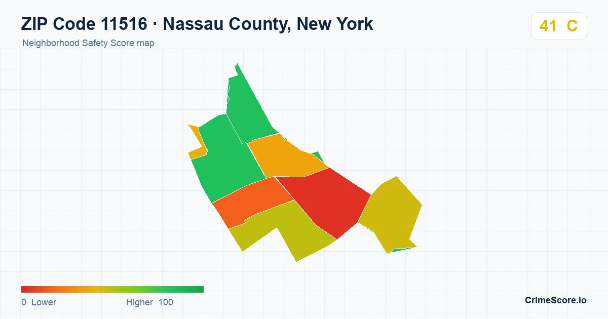 ZIP Code 11516 in Nassau County, New York neighborhood Safety Score map