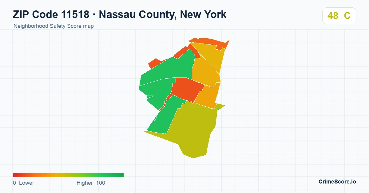 ZIP Code 11518 in Nassau County, New York neighborhood Safety Score map