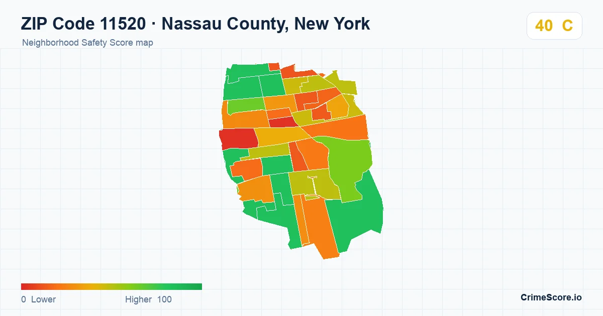 ZIP Code 11520 in Nassau County, New York neighborhood Safety Score map