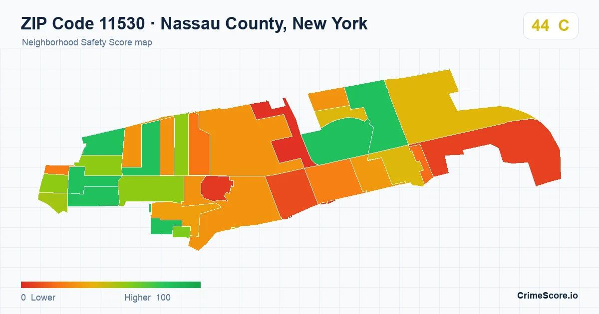 ZIP Code 11530 in Nassau County, New York neighborhood Safety Score map
