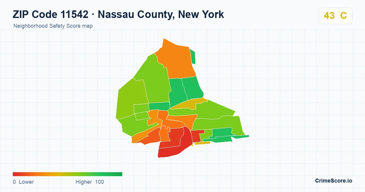 ZIP Code 11542 in Nassau County, New York neighborhood Safety Score map