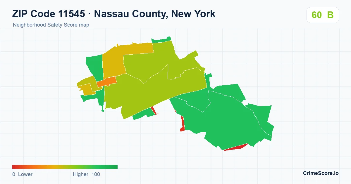 ZIP Code 11545 in Nassau County, New York neighborhood Safety Score map