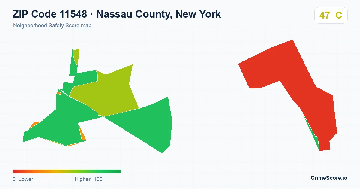 ZIP Code 11548 in Nassau County, New York neighborhood Safety Score map