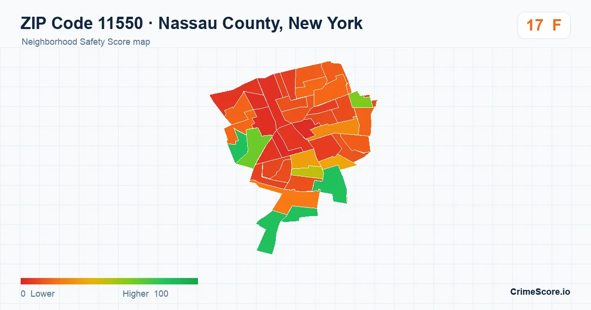 ZIP Code 11550 in Nassau County, New York neighborhood Safety Score map